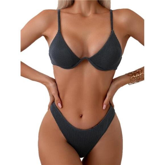 Women Underwire Triangle Bikini Spaghetti Strap Push Up‎ Swimsuit Dark Grey - Picture 1 of 6